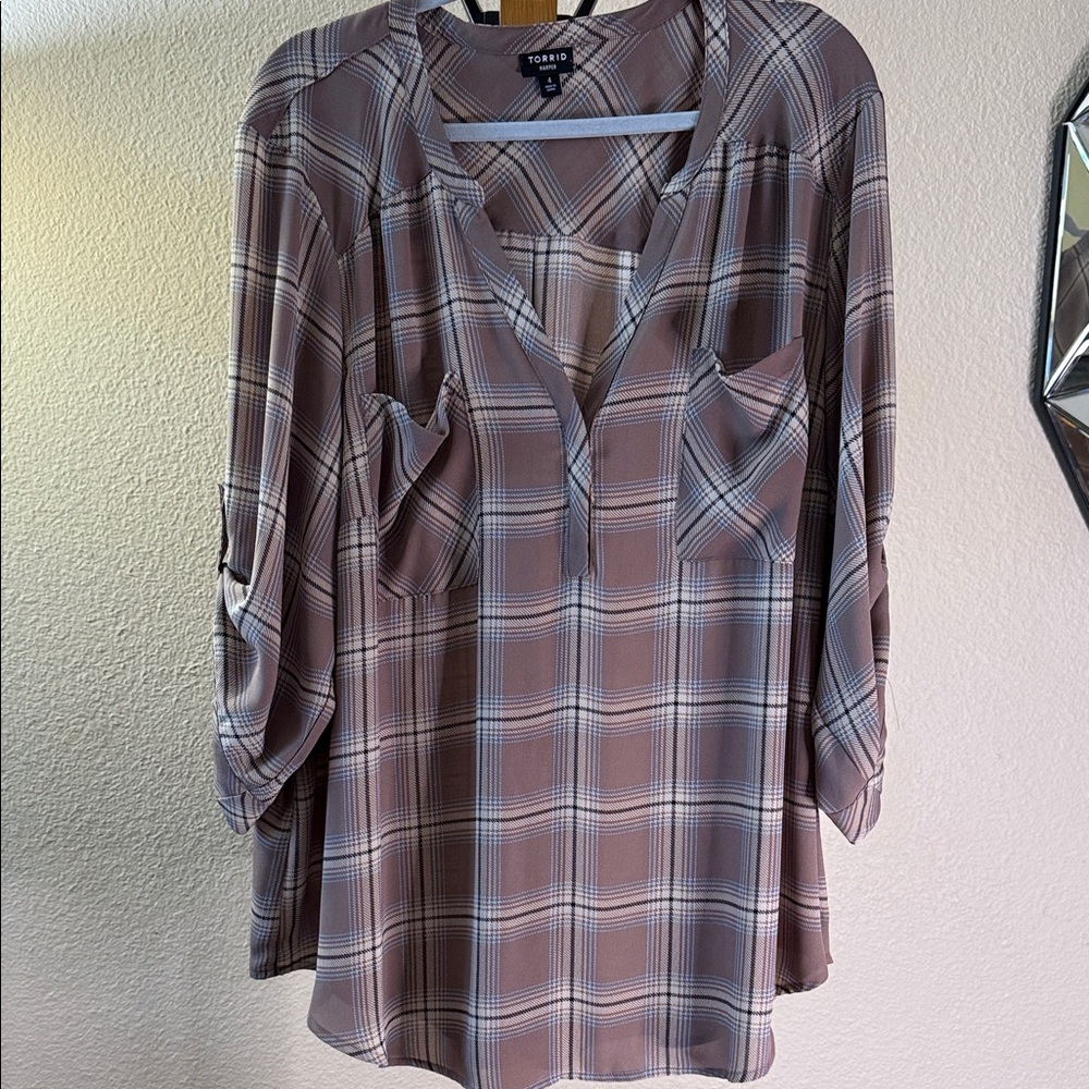 Torrid Checkered V-Neck Blouse in Brown and Cream